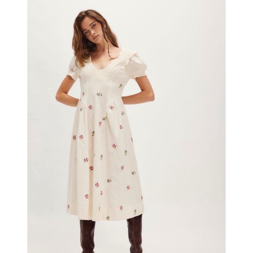Free People Embroidered Seersucker Midi Dress Floral Smocked Puff Sleeve Size S